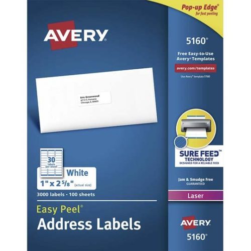 Etiquetas Avery 05160 – 1″ x 2 5/8″ – Para Impresión Láser – 3,000 Etiquetas – 05160