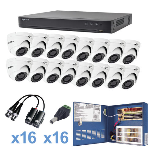 Kit de Vigilancia Epcom KEVTX8T16EW – DVR EV-4016TURBO-X – 16 Canales – 1080p – 16 Cámaras E8-TURBO-G2W – Domo – 2.8mm – 16 Transceptores TT101FTURBOZ – 16 adaptadores JR52 – Fuente de Poder XP16DC204K – KEVTX8T16EW