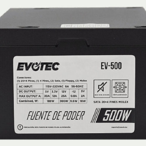 Fuente de poder Evotec EV-500 – 500W – ATX – 20+4 Pines – SATA – Molex – Floppy – EV-500