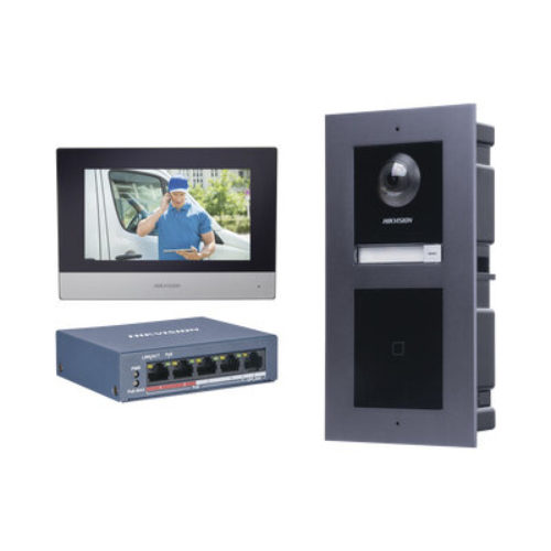 Kit de Videoportero IP HIKVISION DSKIS601-V2 – Frente de calle DS-KD8003-IME1 – Módulo Lector de Tarjetas DS-KD-E – Montaje DS-KD-ACF2 – Monitor DS-KH6320-WTE1 – Switch PoE DS-3E0505P-E/M – DSKIS601-V2
