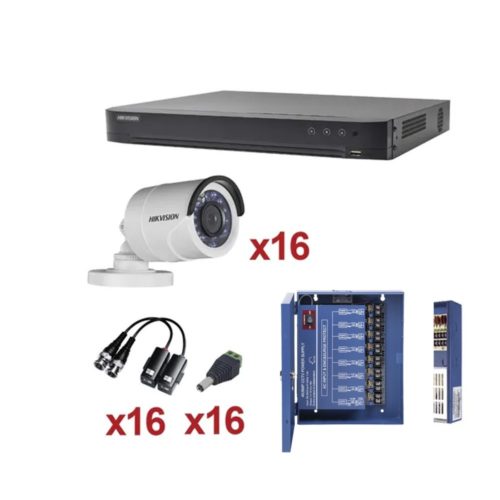 Kit de Vigilancia HIKVISION – DVR 16 Canales – 16 Cámaras Bala – Transceptores – Conectores – Fuente de poder – KH1080P16BW
