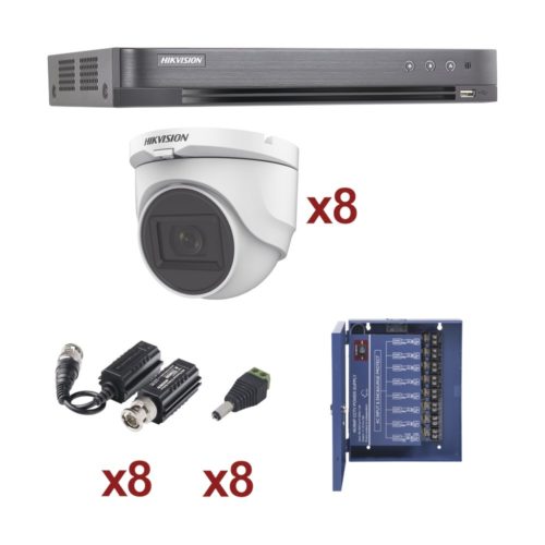 Kit de Vigilancia HIKVISION – DVR 8 Canales – 8 Cámaras Domo – Conectores – Transceptores – Fuente de Poder – KH1080P8DW