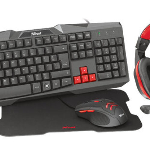 Kit Gamer Trust Ziva – Teclado – Mouse – Audífonos – Mouse Pad – Negro con Rojo – 22312