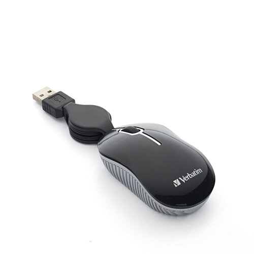 Mouse Óptico Verbatim 98113 – Alámbrico – USB – Retráctil – Negro/ Plata – 98113